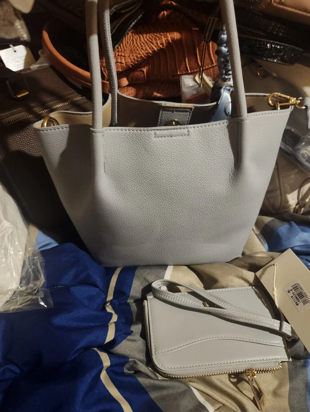 Classic Light Gray Bluish Tote Bag with Cardholder